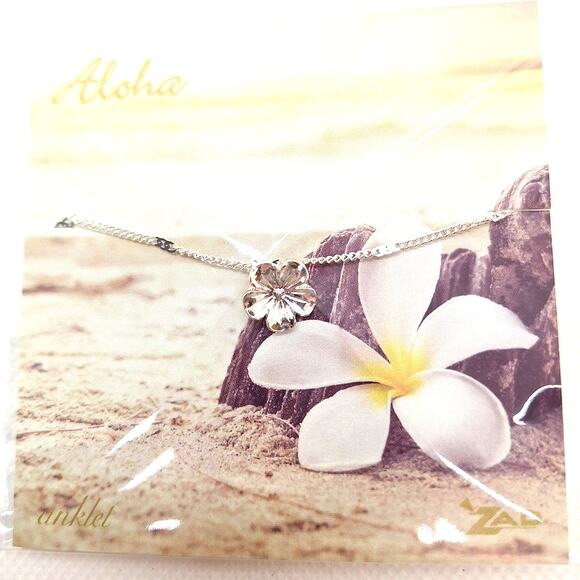 Plumeria Charm Anklet Silver Plate Lobster Claw Clasp 9" + 1" Extension - Picture 2 of 4